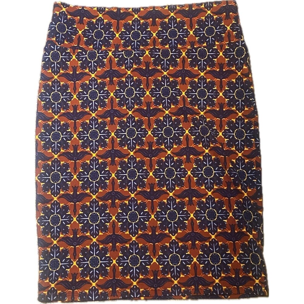 LuLaRoe Cassie pencil skirt floral bird design size Large blue and orange